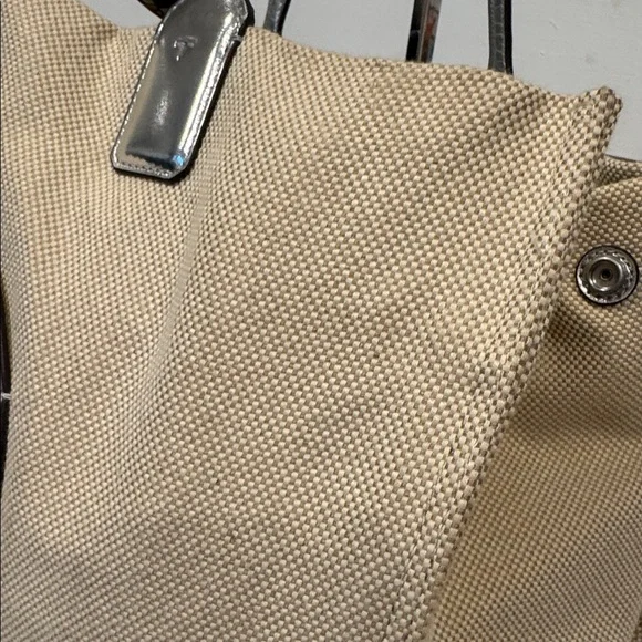 Tory Burch Tote Ella Canvas Silver Cream Logo Bag - Picture 6 of 17